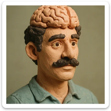 Enhance the claymation man wearing a brain by adding more depth and dimension to the image. Make him more attractive, inspired by the first version, with dark curly hair, thick mustache, light skin, claymation style, visible fingerprints, and pastel colors. sticker