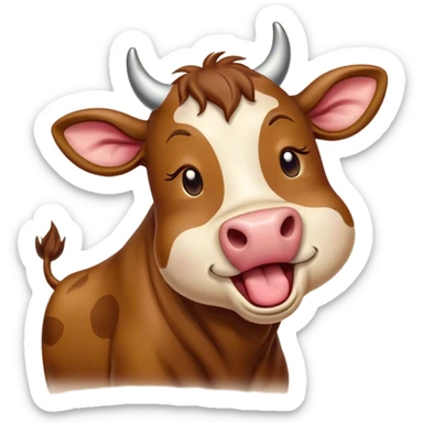Cinematic Cute Yawning Brown Cow Portrait Emoji, Head tilted slightly with a dramatic, wide-open yawn, showcasing a smooth, rich brown hide with a subtle shine, floppy ears slightly drooping, round brown eyes barely open in drowsy contentment, Simplified yet irresistibly adorable features, highly detailed, glowing with a soft, cozy glow, high shine, relaxed yet expressive, stylized with a touch of pastoral whimsy, bright and endearing, soft glowing outline, capturing the essence of a sleepy yet affectionate cow, so drowsy it feels like it could amble right out of the screen and curl up for a nap! sticker