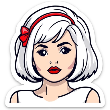 Moira Rose from Schitt's Creek saying "bébé" with dramatic facial expression, bold red lips, and black and white wig sticker