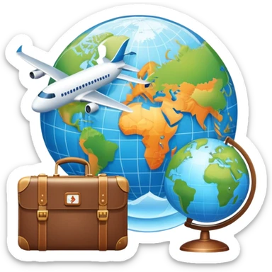 An icon featuring a suitcase, a hotel building, and a globe, symbolizing tourism and hospitality. The design includes a plane and a map, representing travel and accommodation services. Transparent background highlights the global nature of tourism and the hospitality industry. sticker