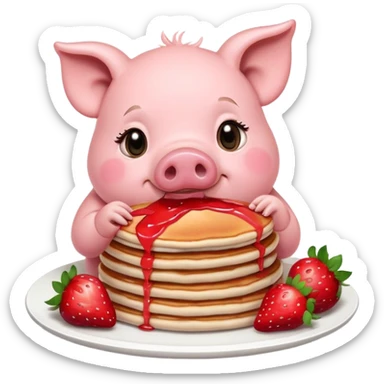 Pig eating strawberry pancakes  sticker
