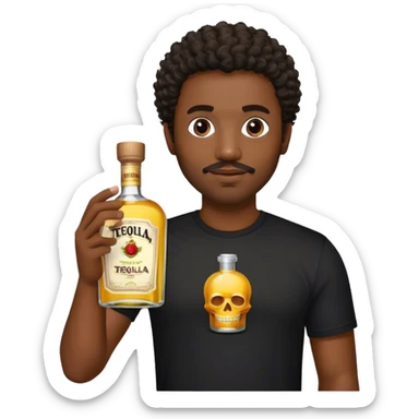 dark black guy, short curly hair, facial hair, holding tequila, black shirt  sticker