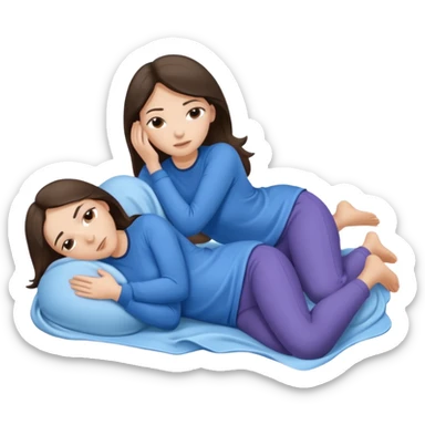 two white brunette women lying down full body on top of each other wrapped around each other one wearing a blue shirt they should be melting into each other. ONLY two women not three sticker