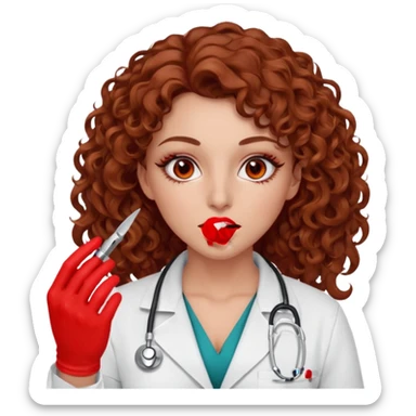 Lilith scalpel in hand, evil surgeon sexy surgeon clothes.  She has red eyes.  Hair is long. Hair is brown and curly hair. Wears sexy doctor outfit with red gloves. Covers mouth neck and nose with red litham for Muslim woman sticker
