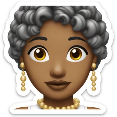 Mujer de piel blanca con rizos castaños y flequillo que tiene pendientes de perlas y un colgante en el cuello dorado sticker