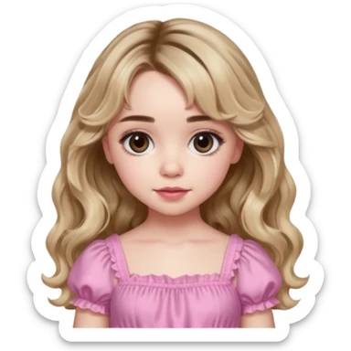 sabrina carpenter with pink babydoll dress and wavy long hair with wavy bangs sticker
