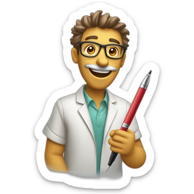 a cheerful smiley in a camelus of a scientist with a pen in his hands sticker