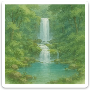 waterfall then lake and the rest of the waterfall in forest, natural colors, soft, fairy-like atmosphere, no background, square size sticker