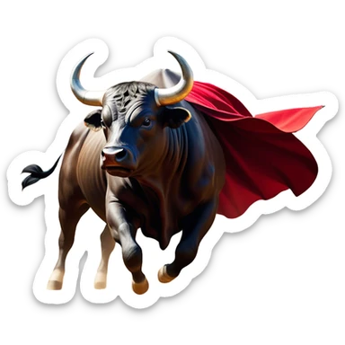 ​Cinematic Realistic black charging bull, against a matador depicted in a flowing red cape, captured in the dramatic moment of confronting a charging bull in a traditional bullring, rendered with dynamic motion and dramatic lighting that encapsulates the intensity and artistry of the spectacle, sticker