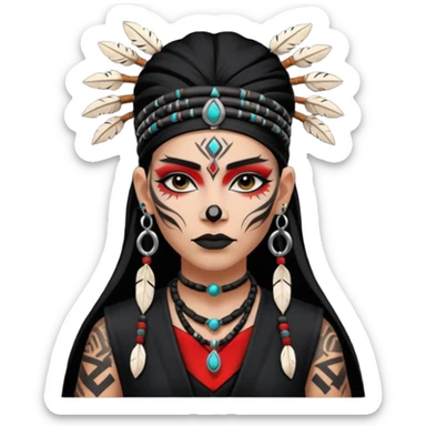 white shaman woman black clothes black accesories face tattoos sticker