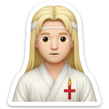 A man with long blond hair in white Chinese robes with bandages on his neck. sticker