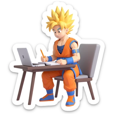 Goku as a student, sitting at a desk, studying, with spiky hair, 3D style sticker