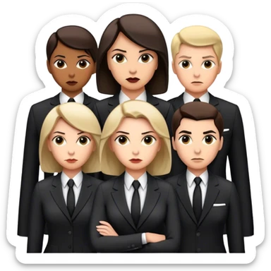 "A group of secret intelligence agents in formal suits, with one of them being a woman. They appear serious, professional, and mysterious, working together as a team." sticker