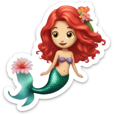 mermaid with red hair with a flower sticker