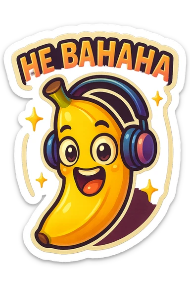 Funny cartoon banana, big happy smiling face, wearing tiny headphones, wide excited eyes, tiny sparkles around, text above: "НЕ БАНАНА ", chibi style, Twitch emoji style, colorful, transparent background sticker