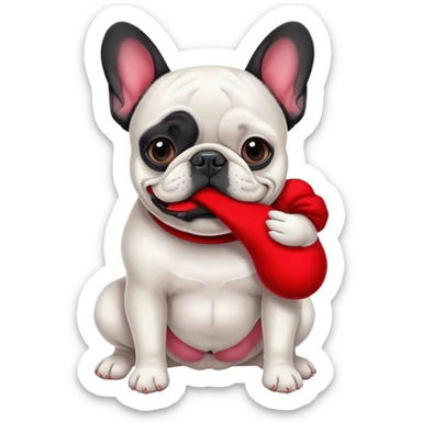 Black and white Bouledogue français eating a red sock  sticker