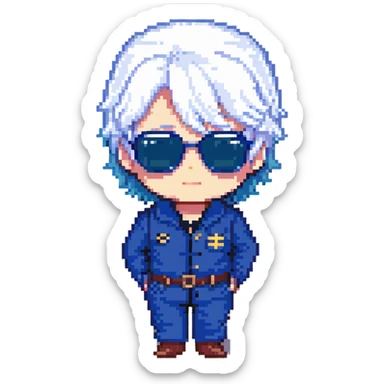 Satoru Gojo chibi white hair sunglasses blue uniform pixel art style sticker