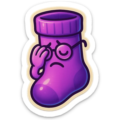 A purple sock with a facepalming gesture, wearing glasses, representing facepalm or exasperation. sticker