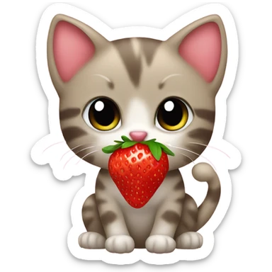 kitten with bow eating a strawberry sticker