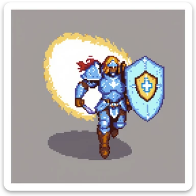 running paladin with glowing holy aura and shield sticker