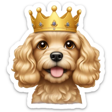blond cavapoo puppy wearing a king crown sticker