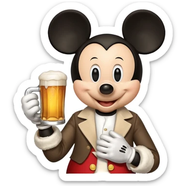 Mickey Mouse holding a beer sticker