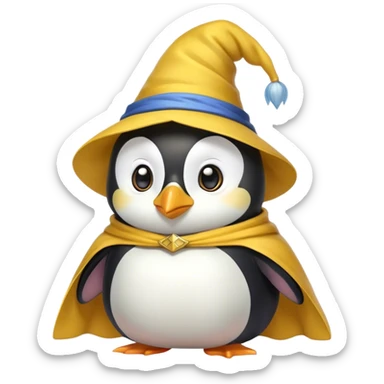 Wizard penguin with a yellow hat and a cape sticker