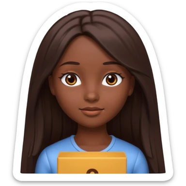 Boneca digital em estilo 3D realista e fofo, semelhante a uma boneca colecionável. Mulher jovem com pele negra, olhos castanhos escuros, cabelo liso cor chocolate, longo e bem alinhado.  sticker