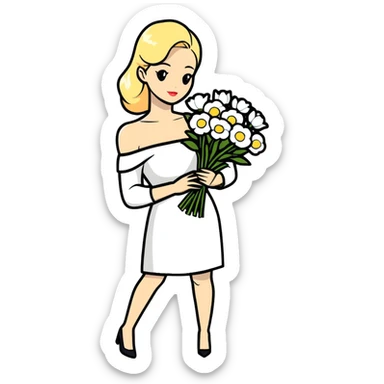 blonde woman in a white off-shoulder dress with long sleeves and a bouquet of white flowers in a white bag in her right hand sticker