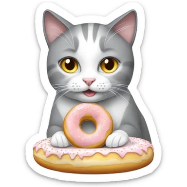 grey-white cat eats white donut sticker