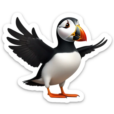 Puffin with round head and exaggerated features looking straight at the camera with wings spread out in a welcoming pose. sticker