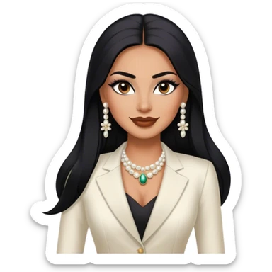beautiful fit tall woman boss, with long straight black hair, with make up, black eye liner, smile mooth close, mexican, brown skin, wearing beautiful couture outfit and discret pearl  sticker