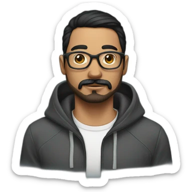Man with dark straight hair moustache and beard, wearing a hoodie, glasses, arm tattoos sticker