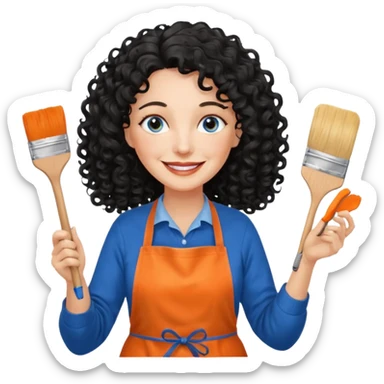 FEMME BLANCHE FRISÉ 60 ANS CHEVEUX NOIR FRISÉ ONDULÉ TRÈS  LONG , SOURIANTE AVEC CHANDAIL ORANGE ,   YEUX BLEU ET UN PINCEAU À LA MAIN LA MAIN AVEC 5 DOIGT SEULEMENT ET TABLIER sticker