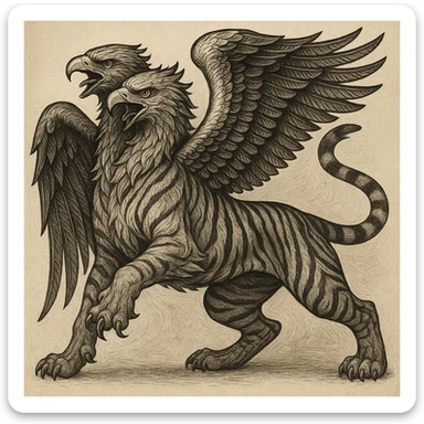 A tiger with two eagle heads, wings sprouting from its back, fierce and majestic, mythological creature, detailed illustration. sticker