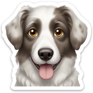 White aussiechon dog with heterochromia in both eyes, 75% blue and 25% brown. His fur is white throughout the body, his ears are a mix of mostly grey, brown and a bit of white. Make him smiling with his tongue out sticker