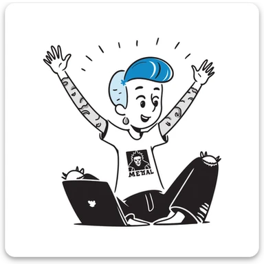 Rock musician girl with half-shaved head and blue hair, arm tattoos, multiple ear piercings, wearing ripped jeans and metal band shirt, sitting at desk with laptop and raising hand enthusiastically sticker