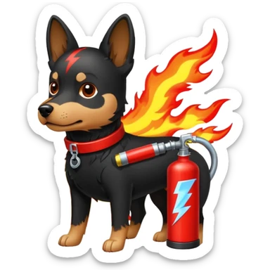 dog with electric lightning waves, fire extinguisher sticker