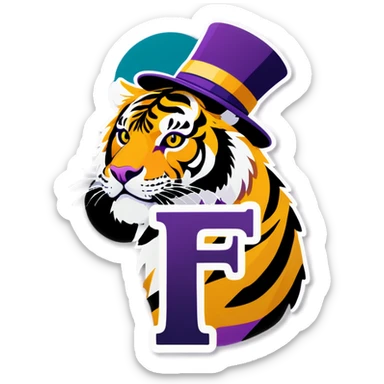 Purple and gold tiger with hat on with letter F  sticker