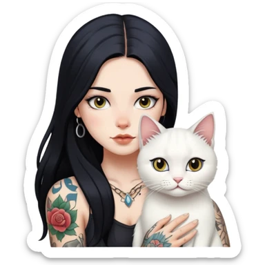 girl with long black hair and tattoos and a white cat sticker
