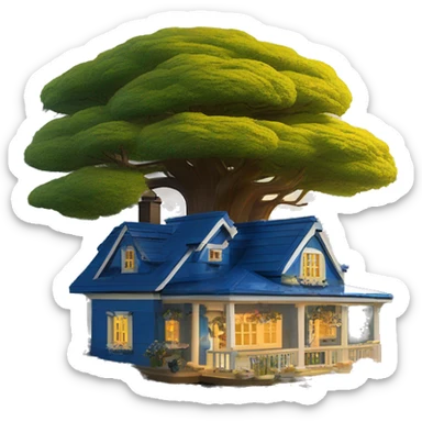  very very big Lego Cabin near a big tree.  Thick moss growing on the roofs. grass fields. porch lights turned off. bright white interior lights turned off. guests sitting in chairs on the porch, flowers and bushes are yellow and blue. sticker
