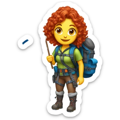 Female winter mountain climber red wavy hair climbing with Greek flag on backpack and holding Easter eggs basket sticker