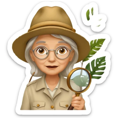 an old woman with jungle and magnifying glass sticker
