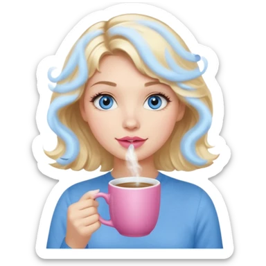 Girl Blonde short wavy hair,  blue eyes, cute blue top, long lashes, pink lips, holding hot white coffee mug sticker