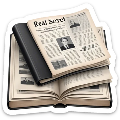 Icon for Non-Fiction & Narrative Reading: an open book with black-and-white photos on the pages, surrounded by a pile of newspaper clippings, and an open folder with top-secret documents. The icon should reflect the blend of real stories and facts in non-fiction literature. Transparent background. sticker