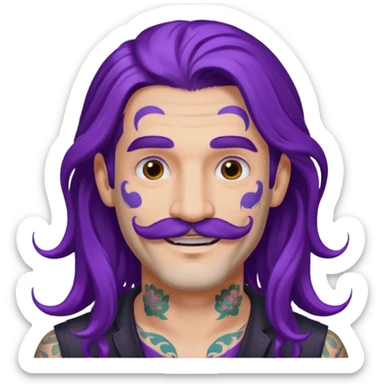 long purple haired man, mustached and face tattoes, handsome sticker