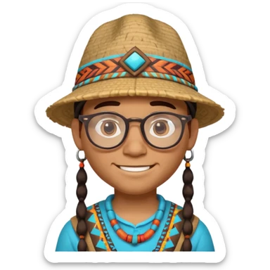 cute Indigenous tribal male character portrait, head and shoulders only, wearing glasses, stylish hat, friendly smile, colorful tribal patterns, 3D cartoon, mobile game icon style, clean background, no text, no watermark
 sticker