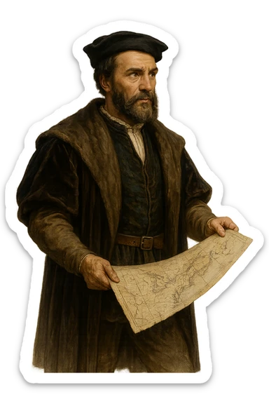 Jacques Cartier, French explorer, holding a map, 16th-century clothing, adventurous look, no background sticker
