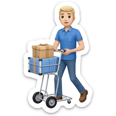 hombre llevando en un carrito un paquete de envio sticker