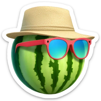 a watermelon with beach glasses and a backwards cap sticker